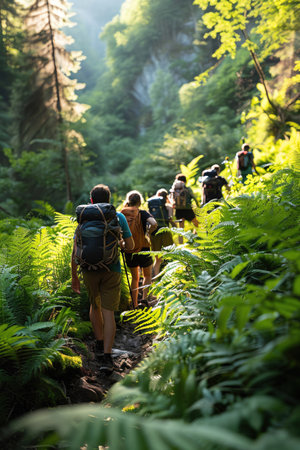 Group of hikers trekking through mountain trails, lush greenery, sunny weatherの素材
