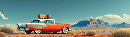 Retro car with suitcases on the roof driving through a desert landscape, blue skies, road trip feelの素材