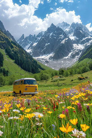 Camper van parked in a flowerfilled mountain landscape, sunny dayの素材