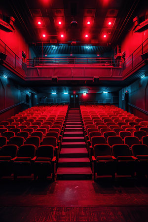 Empty theater with red seats, dim lighting, symmetrical viewの素材