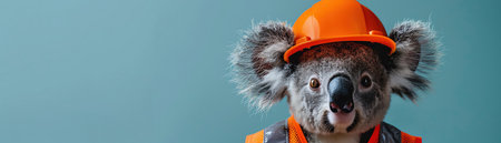 Koala wearing orange safety helmet and vest, blue backgroundの素材