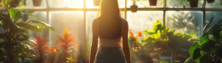 Woman standing in a sunlit greenhouse, surrounded by vibrant plants, peaceful atmosphereの素材