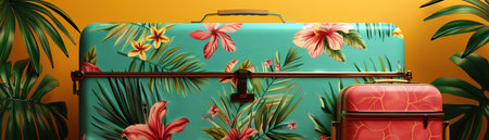 Colorful suitcase with tropical design, bright background, travelthemedの素材