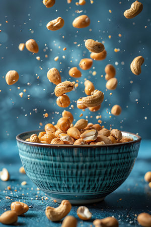 Nuts falling into a bowl, blue background, dynamic action shotの素材