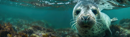 Playful seal underwater, looking directly at the cameraの素材