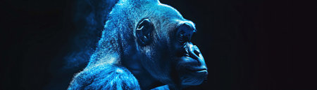 Blue holographic gorilla, side profile, reflective surface, dark backgroundの素材