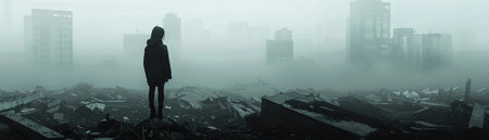 Silhouette of a person standing on debris, facing a foggy cityscape, evoking a sense of isolation and desolationの素材