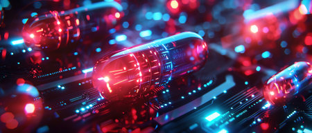 Digital capsules with red and blue lights, futuristic theme, macro shot, dark backgroundの素材