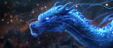 Blue holographic dragon head, side view, glowing with light particles, dark backdropの素材