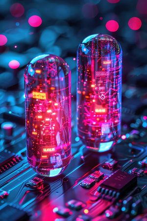 Capsules with glowing data patterns on a circuit board, closeup, neon lightsの素材