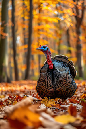 Wild turkey in a forest, autumn leaves on the ground, vibrant natural colors, focused shotの素材