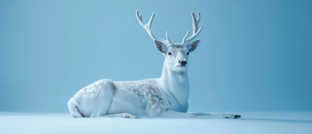 White deer lying on blue backdrop, minimalist winterthemed portraitの素材
