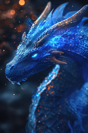 Blue glowing dragon, side profile, light particles, dark backdropの素材