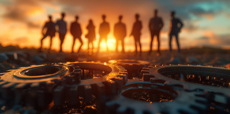 Closeup of gears with silhouetted people in the background, sunset, teamwork themeの素材