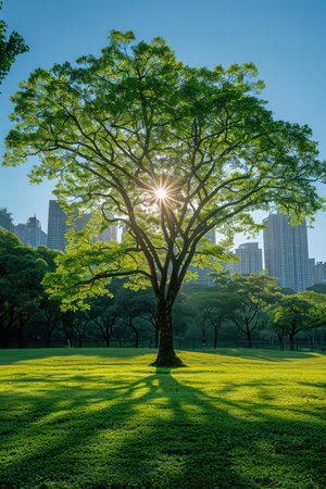 Large green tree with a city skyline background, bright and sunny dayの素材
