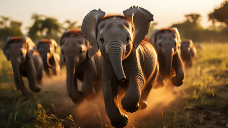 Group of baby elephants running joyfully through a grassy fieldの素材