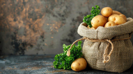 Fresh potatoes in a burlap sack with parsley, rustic setting, warm tonesの素材
