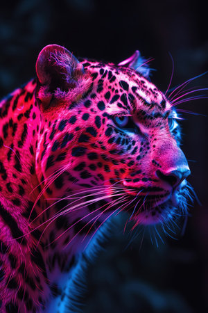 Neon leopard with pink and purple lights, closeup, dark backgroundの素材
