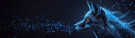 Blue holographic fox head, side profile, glowing dots, dark backgroundの素材
