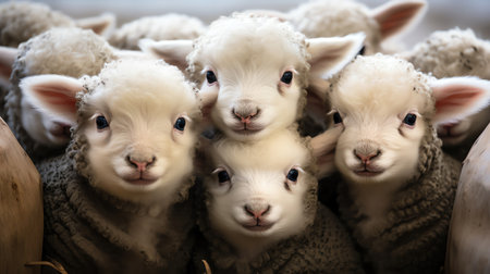 Closeup of cute lambs huddled together, fluffy and whiteの素材