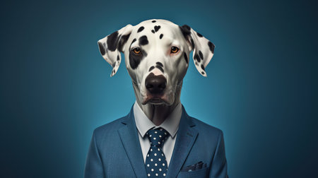 Dalmatian in a blue suit and tie, professional and cheerful, light blue backgroundの素材