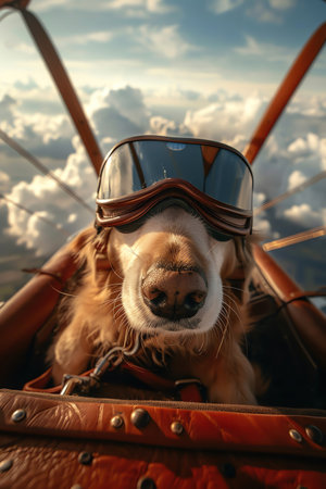 Dog wearing aviator goggles enjoying a biplane ride, sky full of cloudsの素材