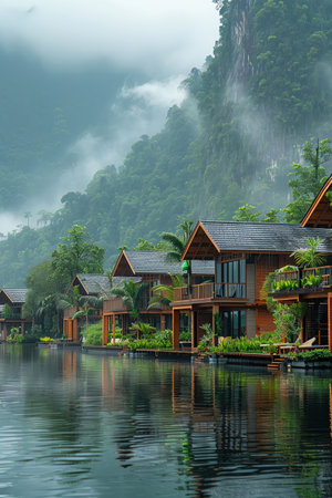 Modern water villas with lush greenery, mountain backdrop, misty skyの素材