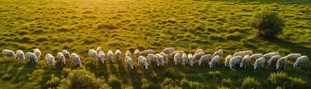 Aerial view of flock of sheep grazing in a green field, sunny dayの素材