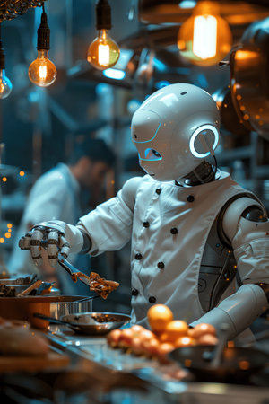 Chef and robot collaborating in a kitchen, futuristic cookingの素材