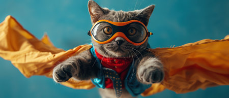 Cat in superhero costume, flying pose, teal background, dynamic shotの素材