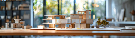 Architectural models on a designers table, lush studio backgroundの素材
