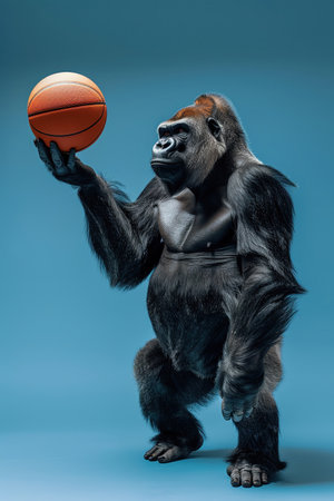 Gorilla in athletic pose holding basketball, blue background, studio lightingの素材