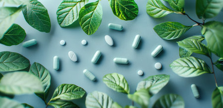 Green leaves and pills on light blue background, nature and medicine themeの素材