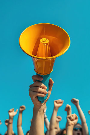 Hand holding yellow megaphone, bright blue background, simple compositionの素材