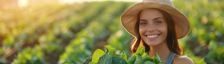 Smiling woman in hat, holding fresh vegetables, standing in sunny farm fieldの素材