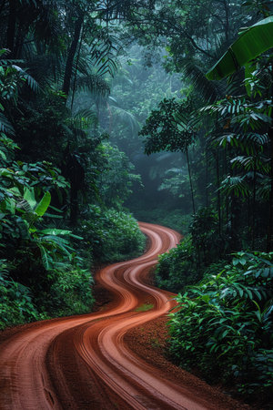 Winding red dirt road through dense rainforest, lush greenery, tranquil settingの素材