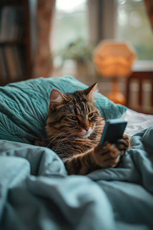 Cat lounging in bed, holding a smartphone, blue beddingの素材