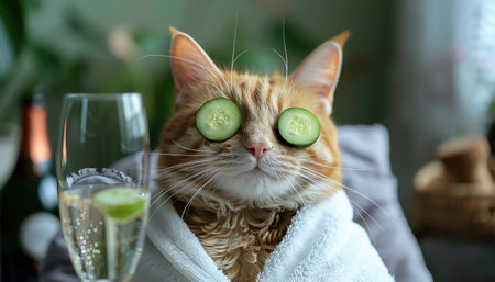 Cat with cucumbers on eyes and champagne, white bathrobe, green backgroundの素材