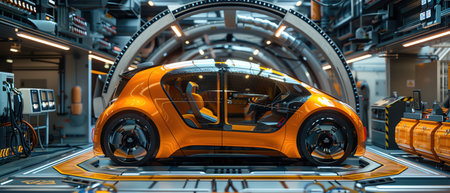Orange electric car on robotic assembly line, advanced machinery, centered view, industrialの素材