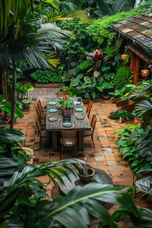 Outdoor table set for dining, surrounded by chairs, lush green garden, top viewの素材