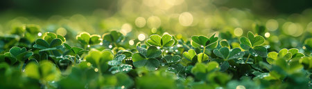 Dewkissed clover field, soft sunlight, lush green, bokeh backgroundの素材
