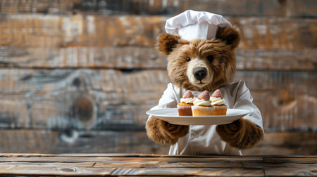 Bear dressed as a chef holding a plate of cupcakes, wooden backgroundの素材