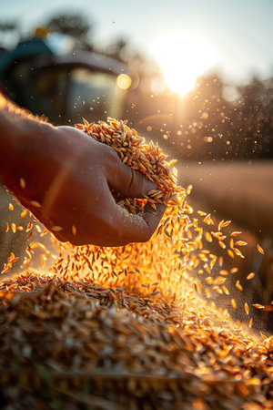 Closeup of wheat grains in hand with combine harvester in a field, bright sunlightの素材