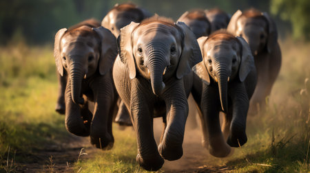 Group of baby elephants running joyfully through a grassy fieldの素材
