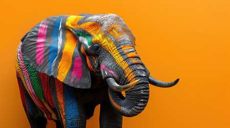 Elephant with vibrant multicolored stripes, orange backgroundの素材