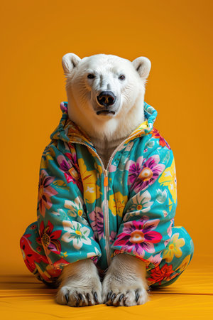 Polar bear in colorful pajamas, yellow background, playful studio shotの素材