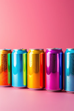 Colorful soda cans in a row, pink background, vibrant and playfulの素材
