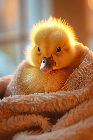 Adorable duckling wrapped in a cozy towel, warm and soft lightingの素材