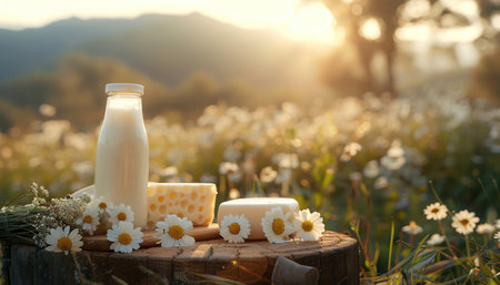 Dairy products on wooden table, golden hour light, scenic countryside backgroundの素材
