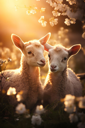 Two lambs in a sunny meadow, surrounded by white flowers, tender moment captured with warm lightの素材
